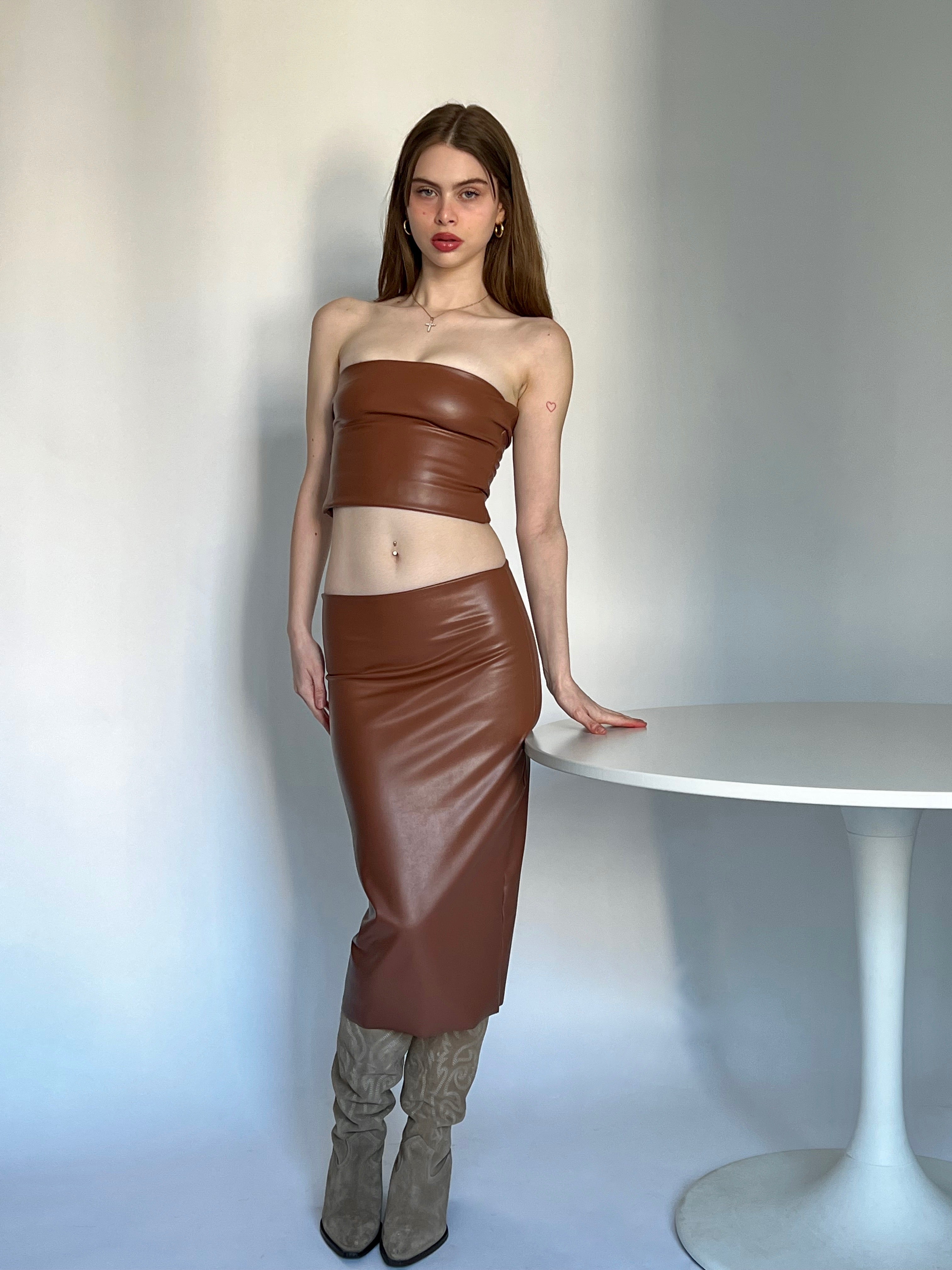 Vegan Leather Tube Skirt in Toffee